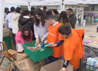 Escolares de Ribeira intercambian libros por alimentos nun mercado solidario